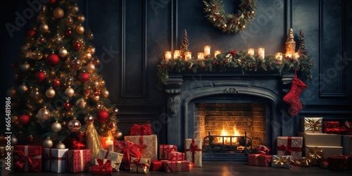 Copy space interior Christmas. Seasonal Celebrations  Magic Christmas Tree and Cozy Fireplace