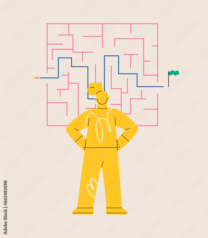 Woman standing in front of a maze with a solution to success. Colorful vector illustration Woman standing in front of a maze with a solution to success. Colorful vector illustration