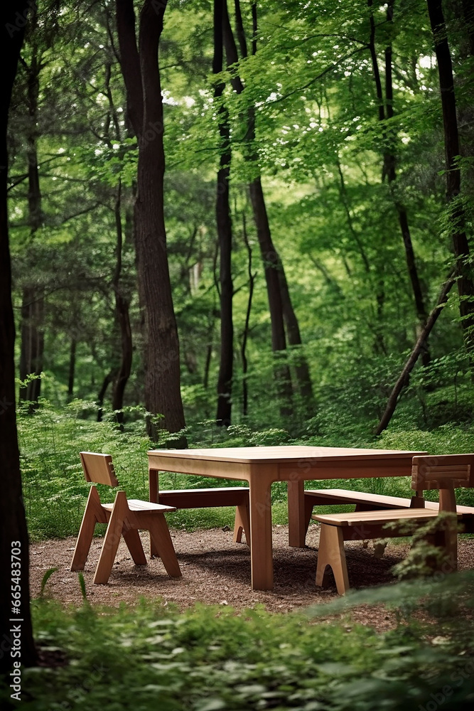 many different pieces of wooden furniture outside in nature, forest, outdoors many different pieces of wooden furniture outside in nature, forest, outdoors