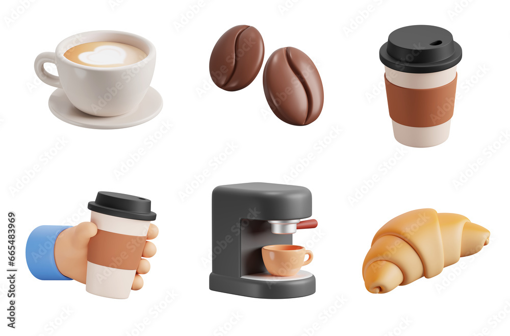 Fototapeta Coffee, 3d icon set. Preparation, drink, coffee to go, dessert. Cup with heart drawing, glass, coffee bean, coffee machine, croissant. 3D object on a transparent background