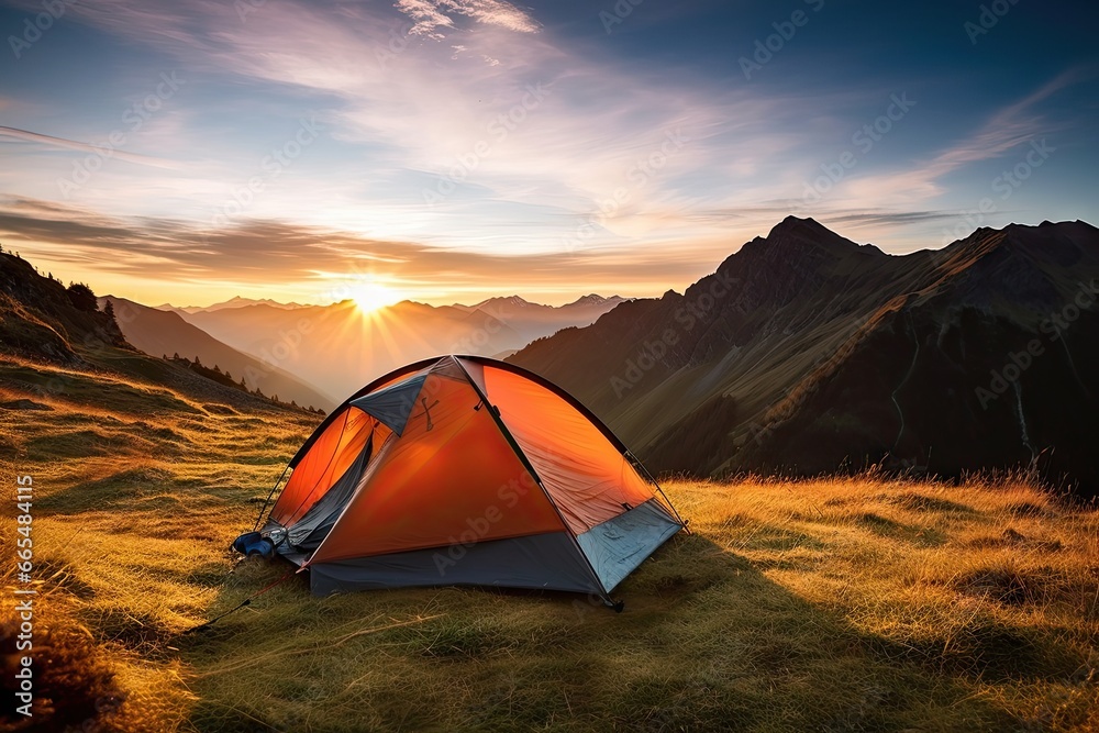 Morning serenity. Camping in heart of nature. Mountain adventure. Camping under starry sky. Wilderness getaway. Sunset by lake