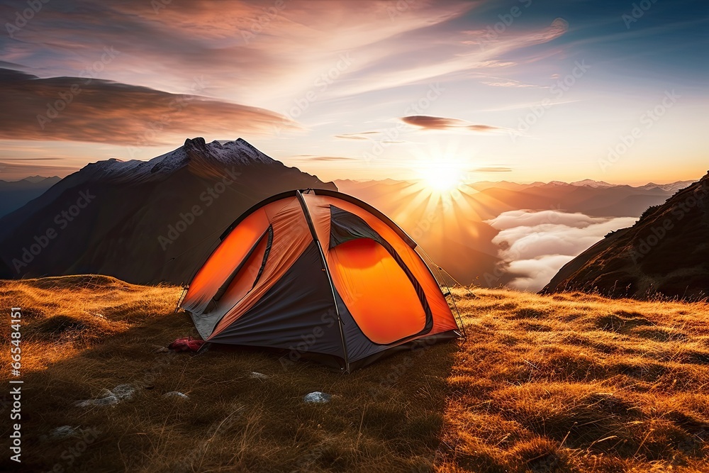 Morning serenity. Camping in heart of nature. Mountain adventure. Camping under starry sky. Wilderness getaway. Sunset by lake