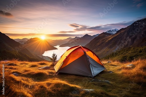 Morning serenity. Camping in heart of nature. Mountain adventure. Camping under starry sky. Wilderness getaway. Sunset by lake © Wuttichai