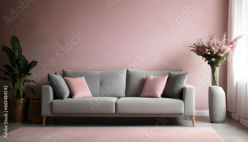 Cozy living room with pink wall and grey couch