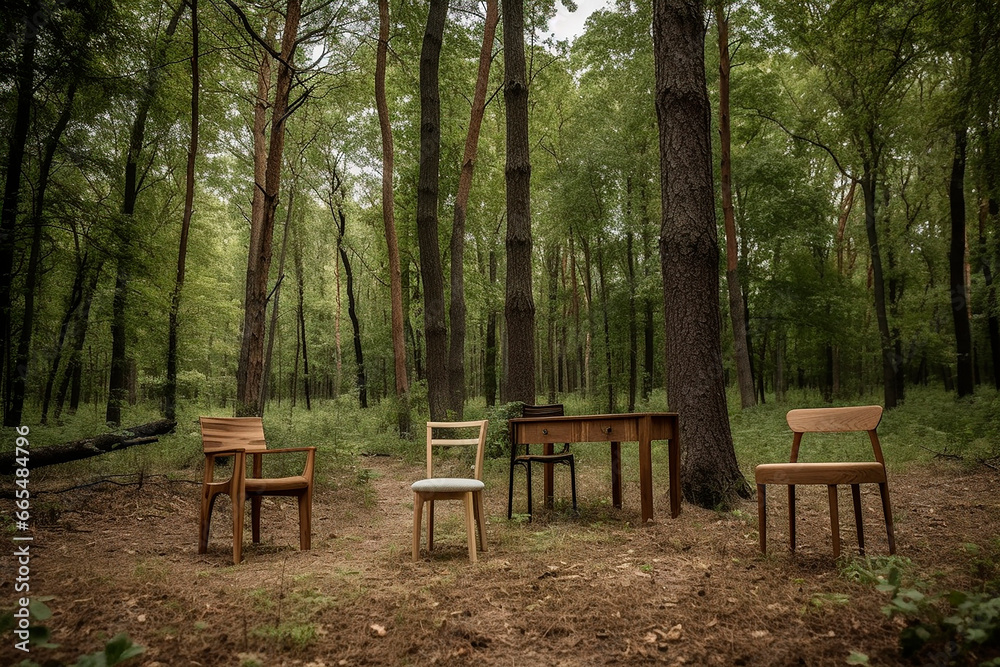 many different pieces of wooden furniture outside in nature, forest, outdoors many different pieces of wooden furniture outside in nature, forest, outdoors