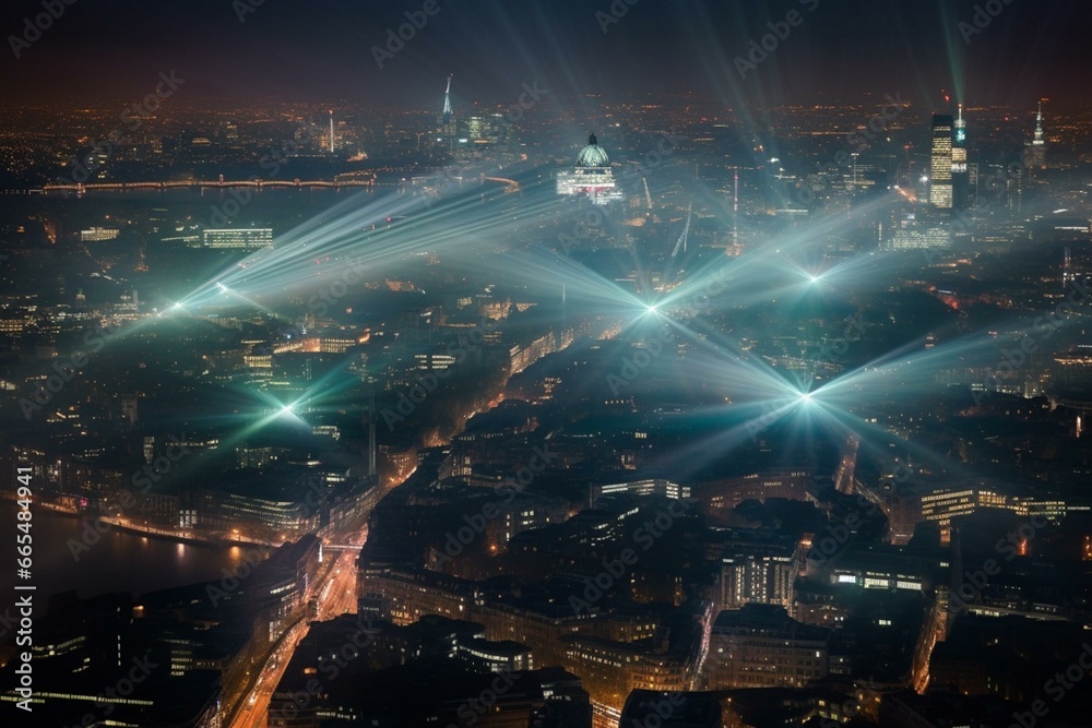 Luminous display of explosive lights above London's nocturnal skyline. Generative AI