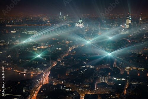 Luminous display of explosive lights above London's nocturnal skyline. Generative AI