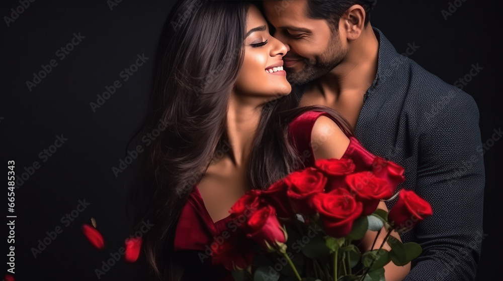 young couple giving romantic pose with red roses at home