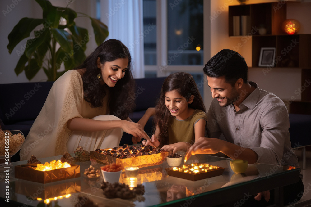 Indian family celebrating diwali festival together at home