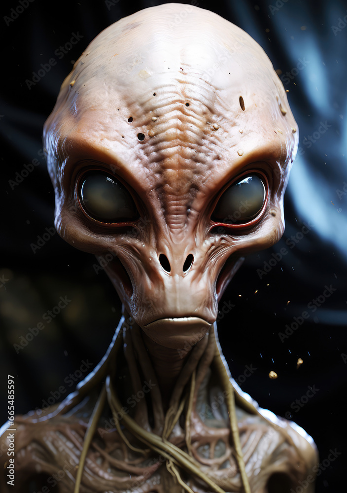 Naklejka premium Intergalactic Gaze: A Poster Depicting a Grey Alien Looking into the Camera, Unveiling the Mysteries of Extraterrestrial Existence, Crafted by Generative AI