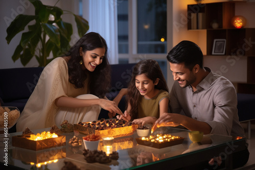 Indian family celebrating diwali festival together at home