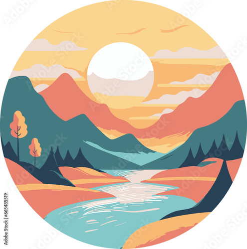 A simple, elegant vector sketch of a stunningly serene landscape, capturing its captivating beauty in a minimalist style.