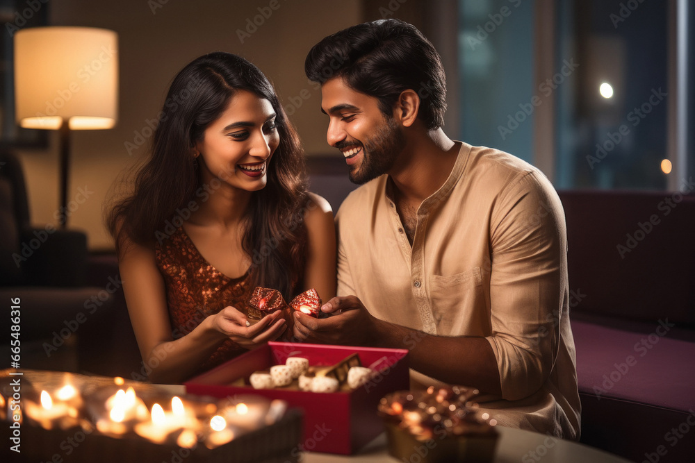 Indian couple celebrating diwali festival Indian couple celebrating diwali festival