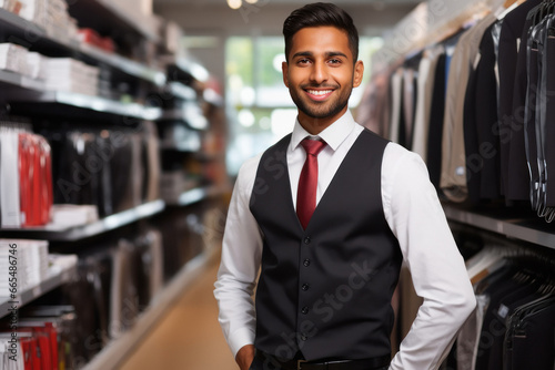Young indian salesman standing at clothing store.