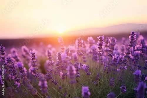 Close up lavender flowers in beautiful field at sunset. © MdBepul
