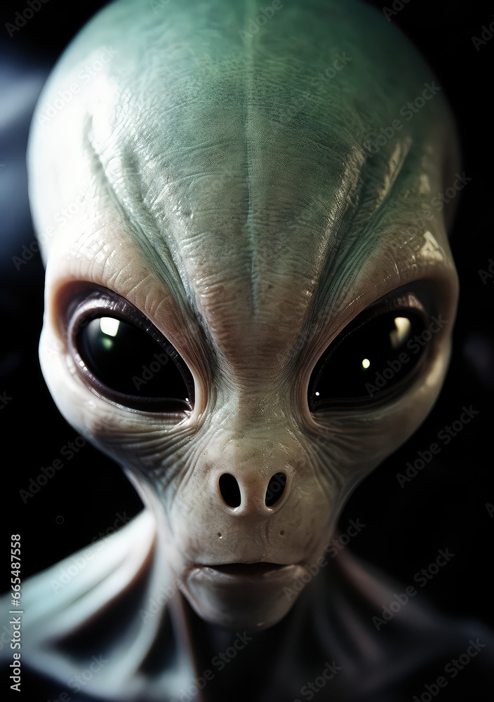 Intergalactic Gaze: A Poster Depicting a Grey Alien Looking into the Camera, Unveiling the Mysteries of Extraterrestrial Existence, Crafted by Generative AI
