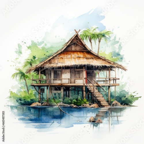 A watercolored bright serene image of a traditional bahay kubo. photo