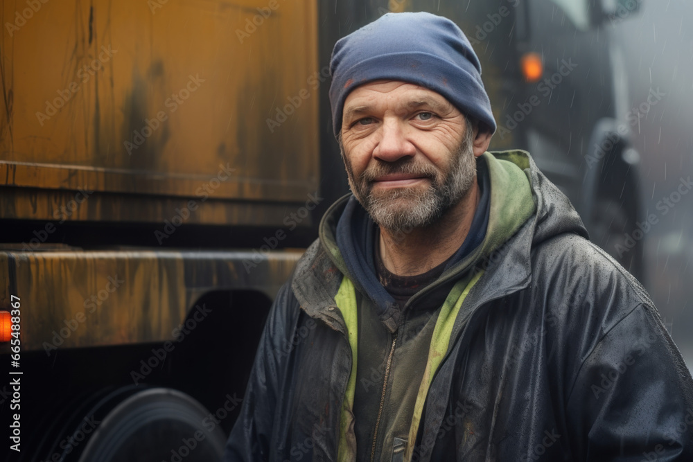 portrait d'un éboueur devant son camion en gilet jaune et tenue de travail le matin avant sa tournée portrait d'un éboueur devant son camion en gilet jaune et tenue de travail le matin avant sa tournée