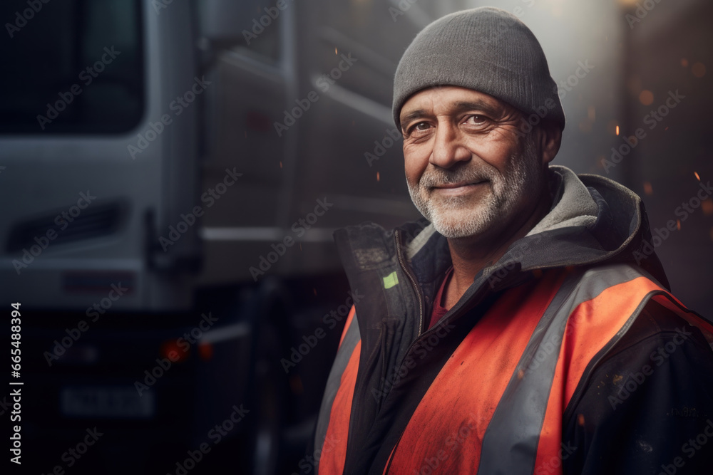 portrait d'un éboueur devant son camion en gilet jaune et tenue de travail le matin avant sa tournée