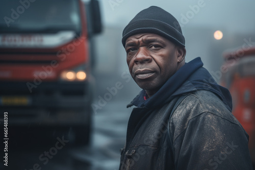 portrait d'un éboueur d'origine africaine devant son camion en gilet jaune et tenue de travail le matin avant sa tournée photo