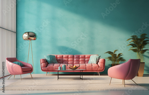 d rendering of a turquoise living room, in the style of light aquamarine and pink, modern urban, organic modernism, 20th century scandinavian style,