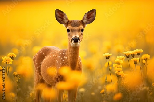 Female roe deer with beautiful flower. © MdBepul
