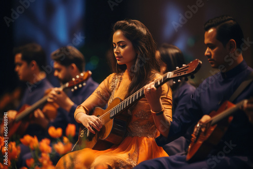 Young indian woman performing in classical music consort photo