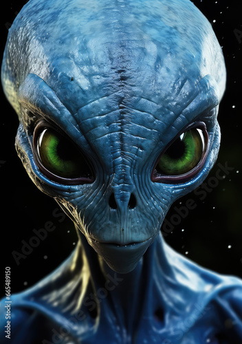 Intergalactic Gaze: A Poster Depicting a Grey Alien Looking into the Camera, Unveiling the Mysteries of Extraterrestrial Existence, Crafted by Generative AI © BigMindOutfit