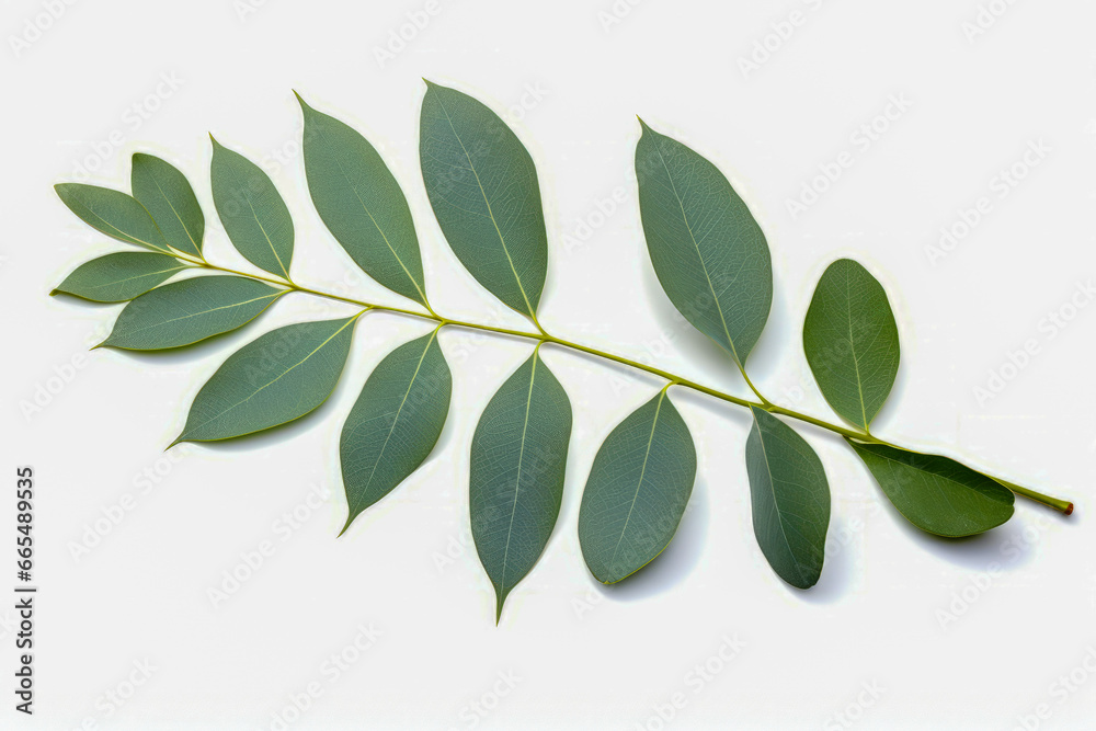 Green leaf is laying on white surface with white background.