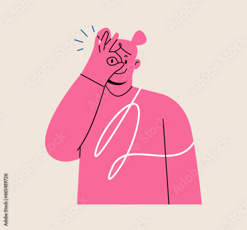 Young happy woman smiling doing ok sign with hand on eye looking through fingers. Colorful vector illustration
