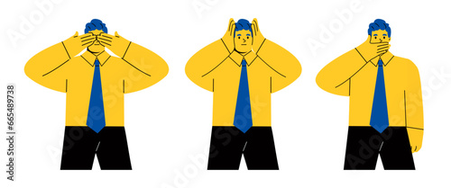 Business man covering his ears mouth and eyes as looking. Flat vector illustration isolated on white background