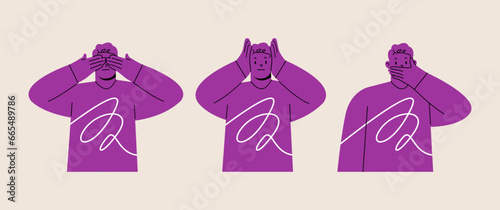 Man covering his ears mouth and eyes as looking. Colorful vector illustration
