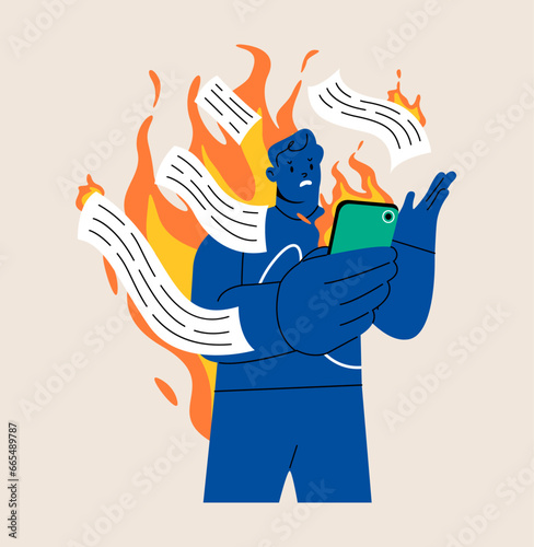 Man reading bad news, negative information in internet. Doomscrolling concept. Colorful vector illustration