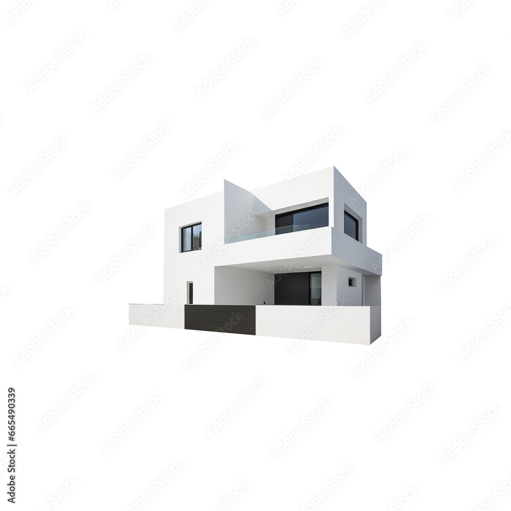 A modern street-facing house seamlessly integrates natural elements into its design isolated on white, png transparent background
