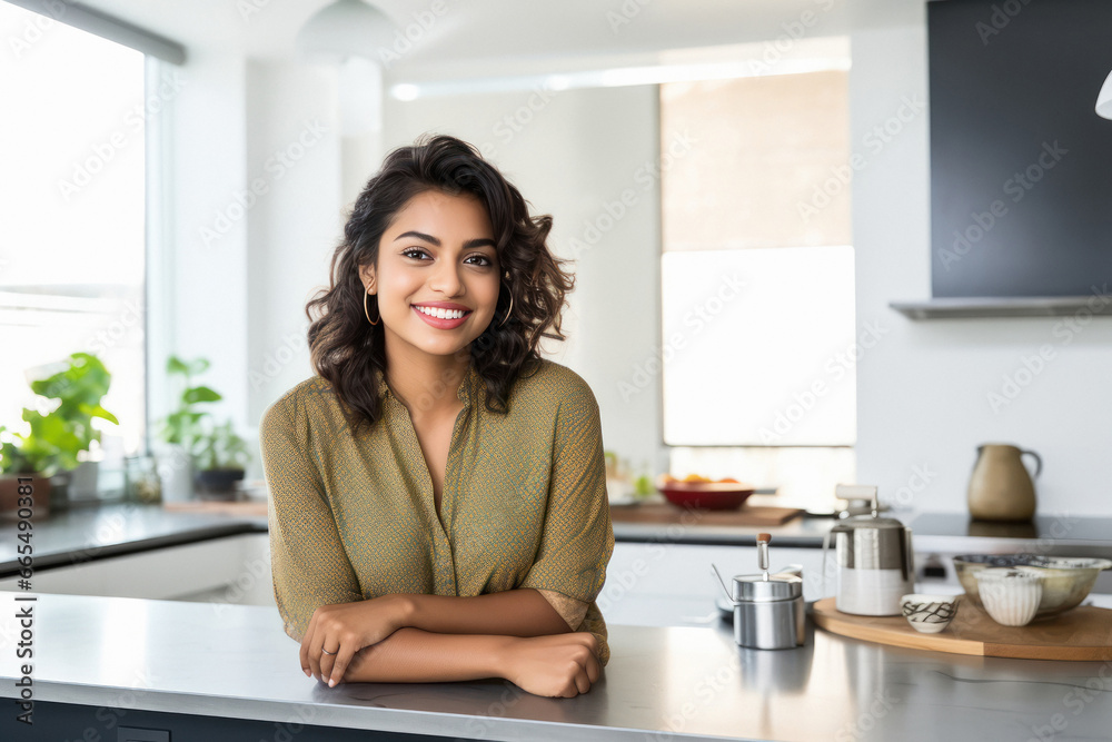 Young indian woman or housewife standing at modern kitchen room Young indian woman or housewife standing at modern kitchen room