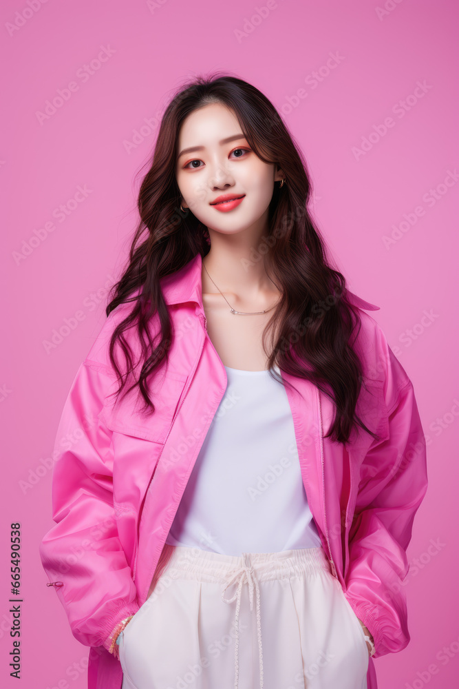 A young Chinese girl model wearing vivid color high-end design clothes A young Chinese girl model wearing vivid color high-end design clothes