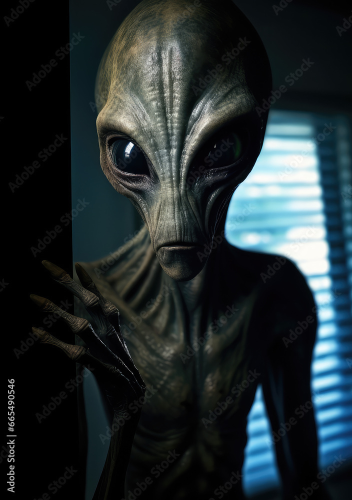 Intergalactic Gaze: A Poster Depicting a Grey Alien Looking into the Camera, Unveiling the Mysteries of Extraterrestrial Existence, Crafted by Generative AI Intergalactic Gaze: A Poster Depicting a Grey Alien Looking into the Camera, Unveiling the Mysteries of Extraterrestrial Existence, Crafted by Generative AI