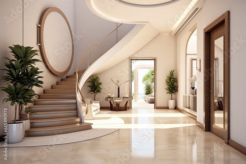 The interior design of the modern entrance hall with a staircase in the villa. © MdBepul