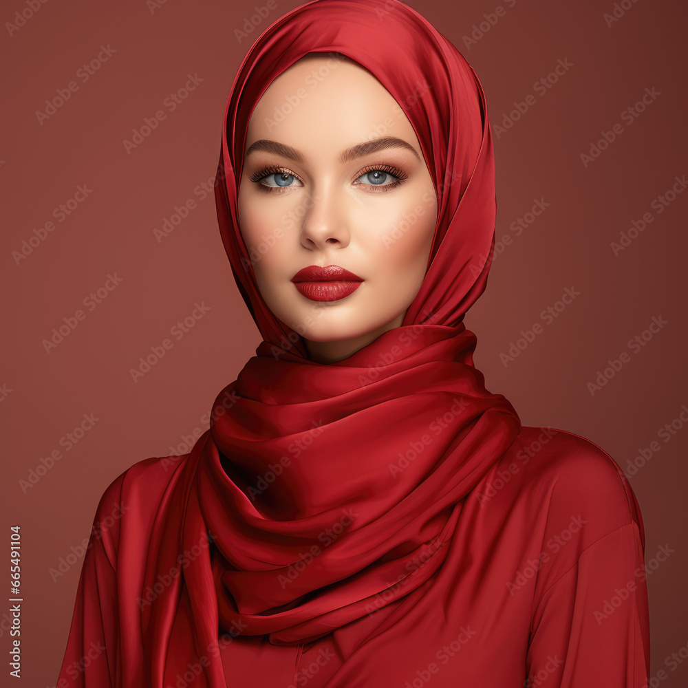 beautiful women wearing red hijab on vivid color background beautiful women wearing red hijab on vivid color background