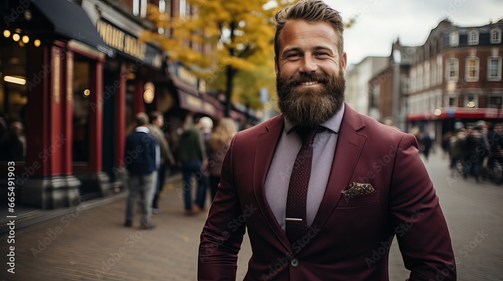 A plus-size bearded man dressed in a vibrant red suit A plus-size bearded man dressed in a vibrant red suit