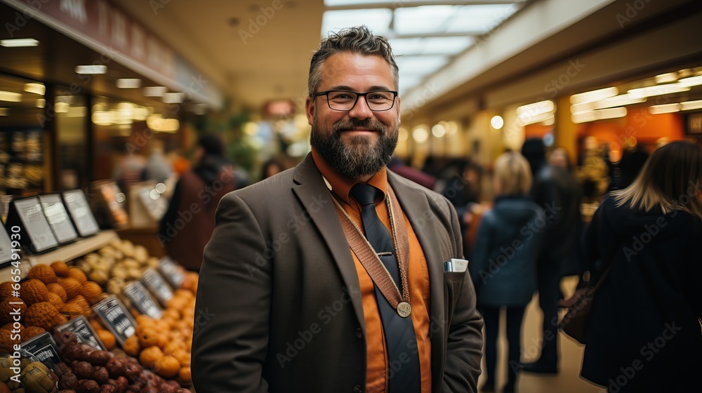A plus-size well-dressed businessman posing next to a vibrant fruit market