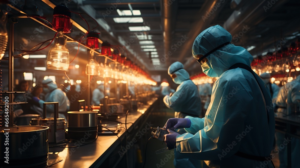 Workers in a bustling factory engaged in industrial production Workers in a bustling factory engaged in industrial production