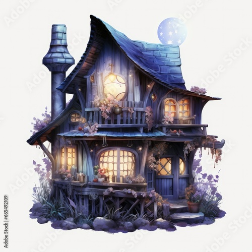 Moonlight dark themed night elf fairytale fantasy fairy house.