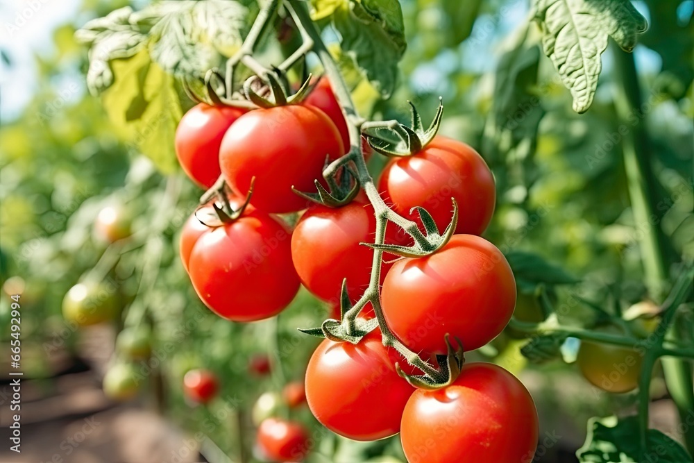 Fresh bunch of red natural tomatoes on a branch in vegetable garden.