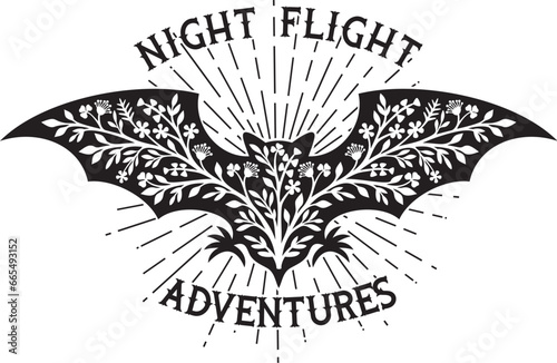 Night Flight Adventures. Floral Bat Black and White. Vector Illustration. 