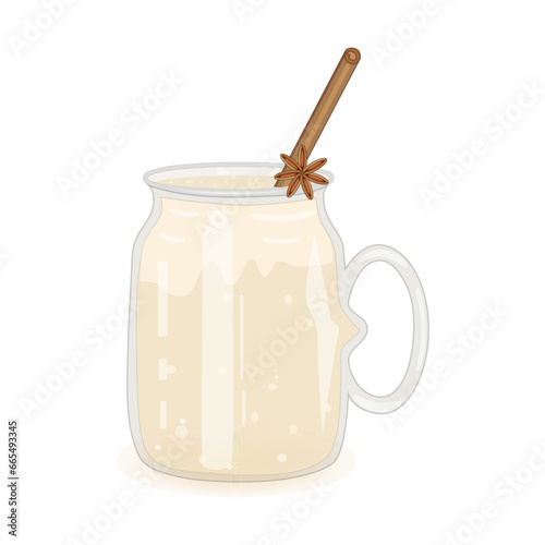Glass of eggnog on white background. Beverage eggnog in cup with cinnamon straw and anise star.Christmas or sweet winter drink in mug.Xmas egg milk punch.New year homemade cocktail.Vector illustration