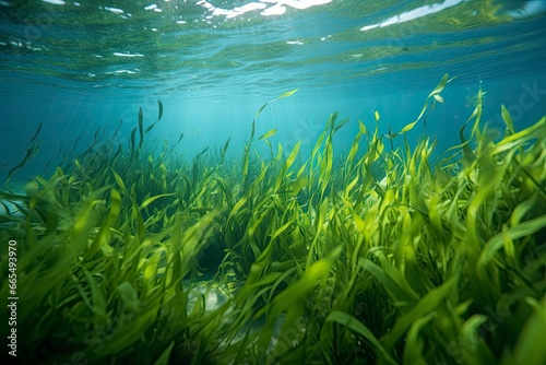 Underwater view of a group of seabed with green seagrass. © MdBepul