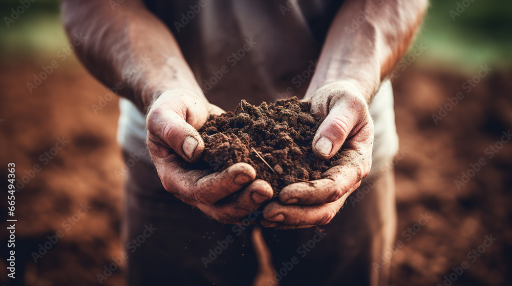 Male hands touching soil on the field. Expert hand of farmer checking soil health before growth a seed of vegetable or plant seedling. Generative Ai. Male hands touching soil on the field. Expert hand of farmer checking soil health before growth a seed of vegetable or plant seedling. Generative Ai.