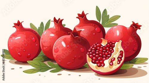 ustration of pomegranate fruit with leaves  on white background photo