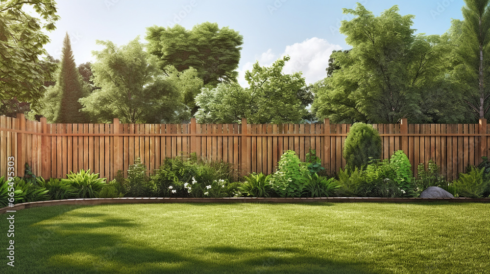 green grass lawn, flowers and wooden fence in summer backyard garden - obrazy, fototapety, plakaty 